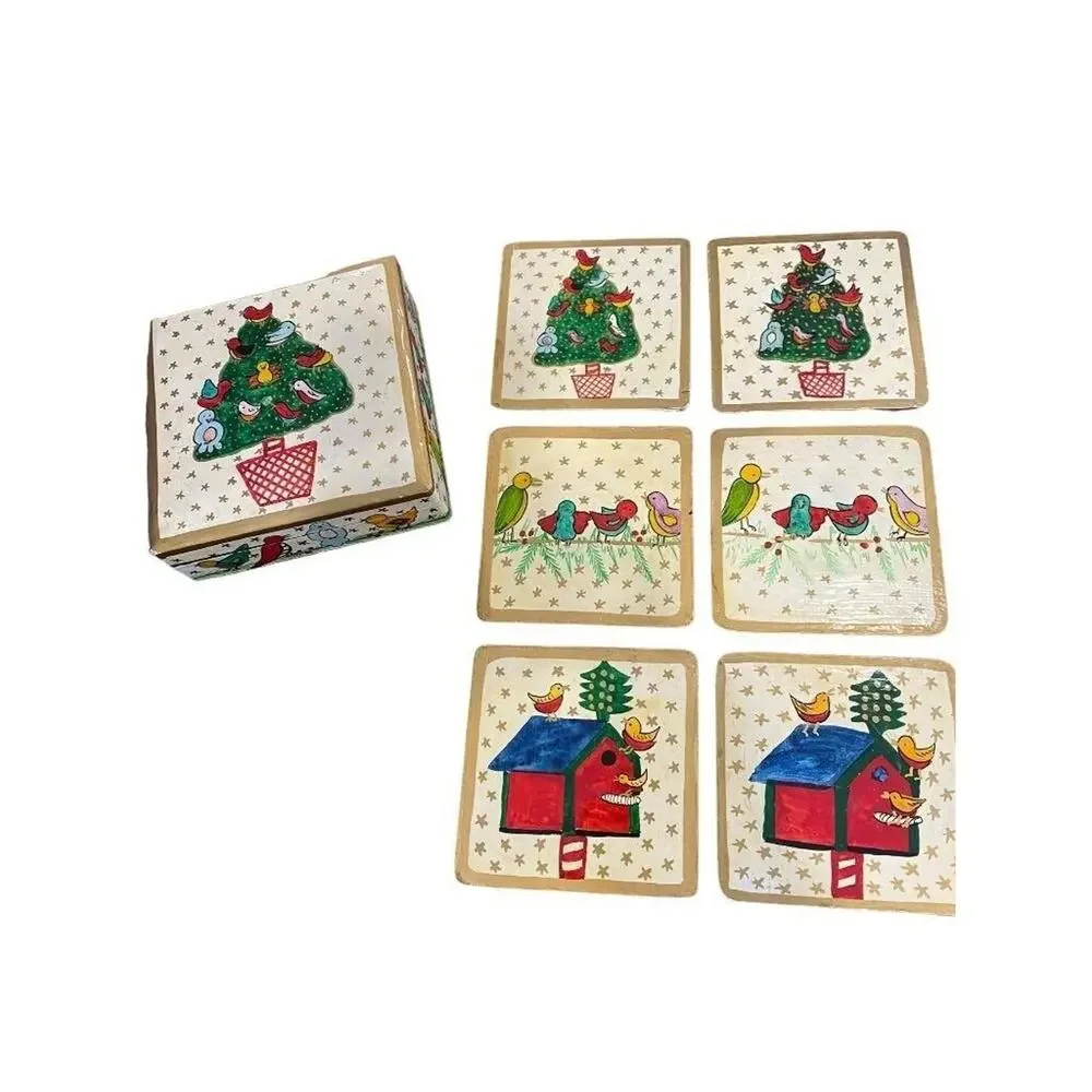 Foreside Painted Christmas Coasters Wooden Glossy Glaze With Box